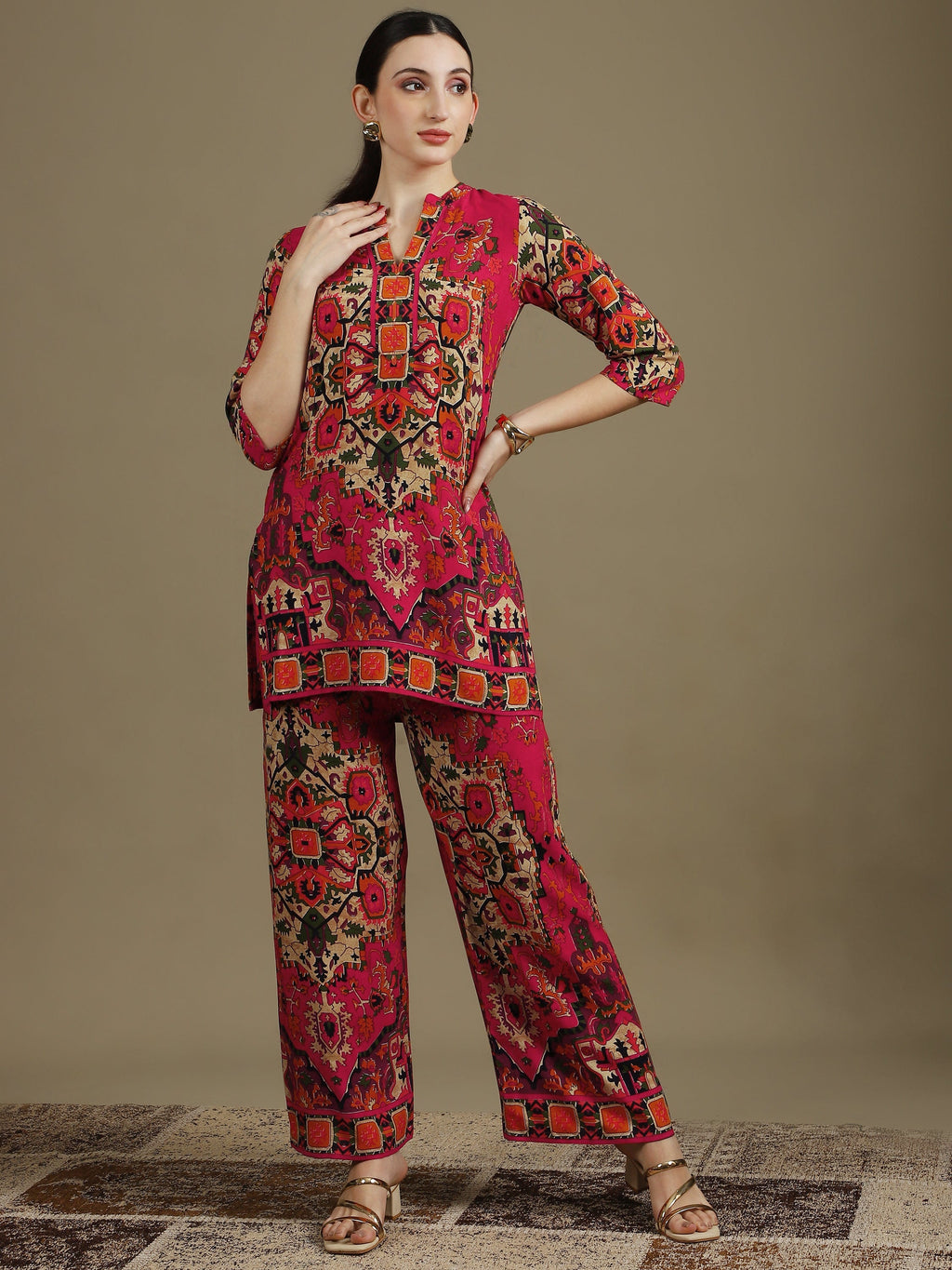 Ethnic Printed Co-Ord Set, Pink - Hiral Fashion - Distacart