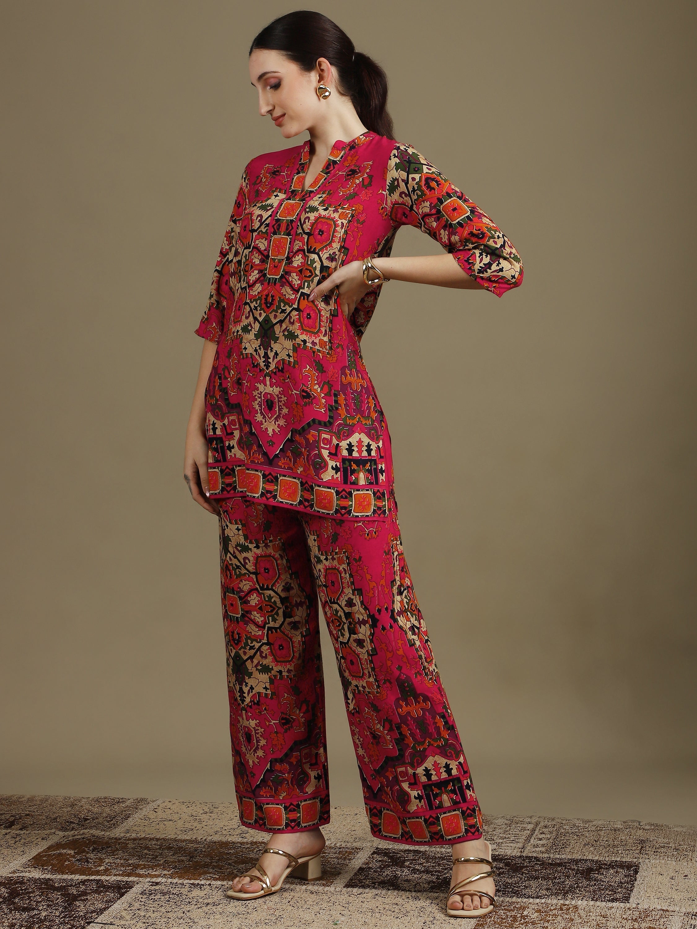 Ethnic Printed Co-Ord Set, Pink - Hiral Fashion - Distacart