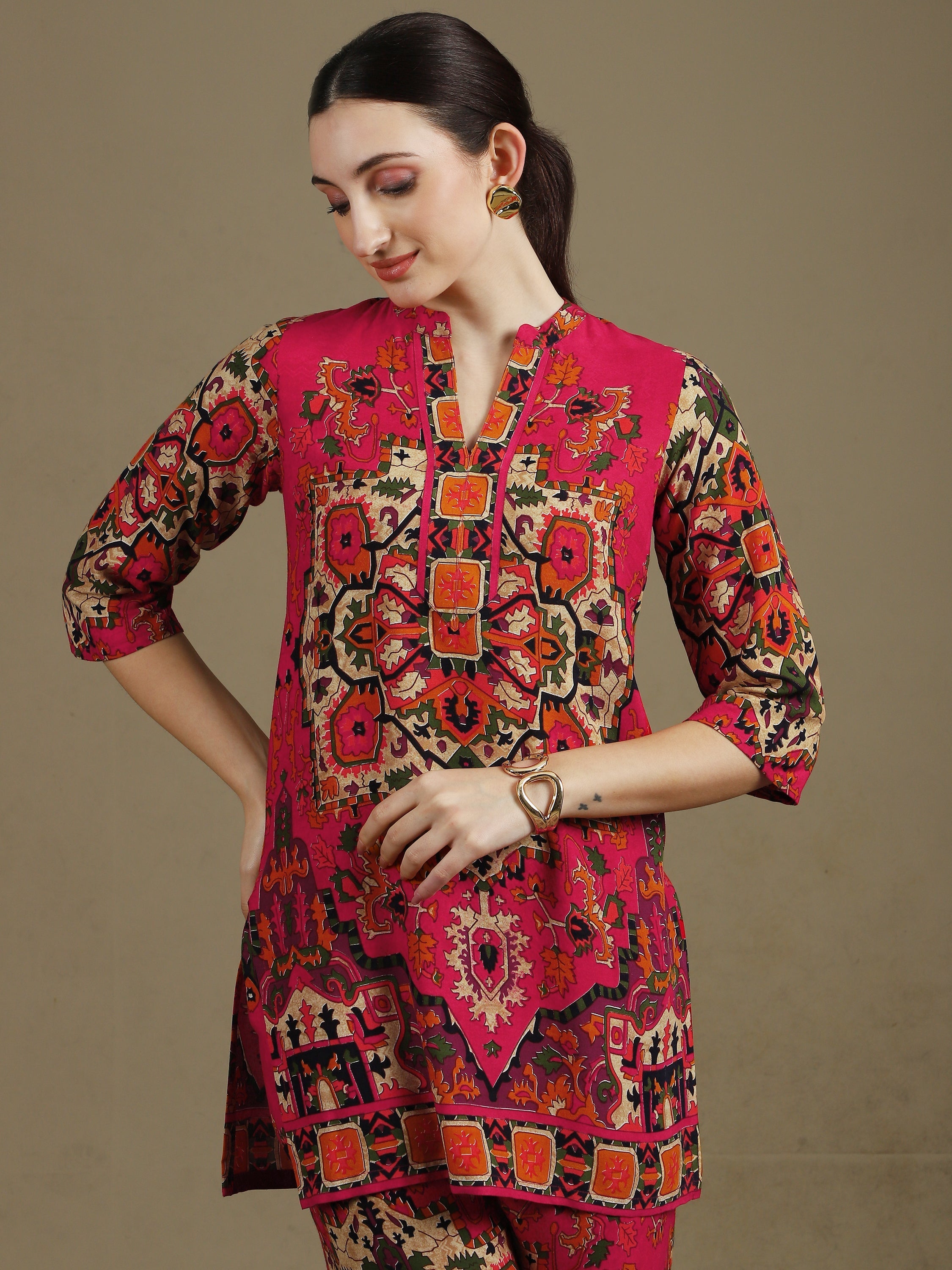 Ethnic Printed Co-Ord Set, Pink - Hiral Fashion - Distacart