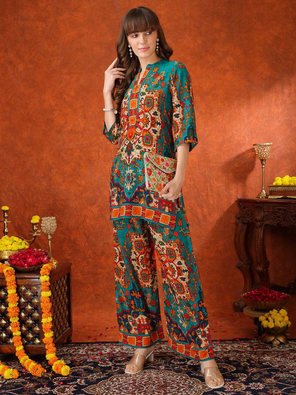 Ethnic Printed Co-Ord Set, Teal - Hiral Fashion - Distacart
