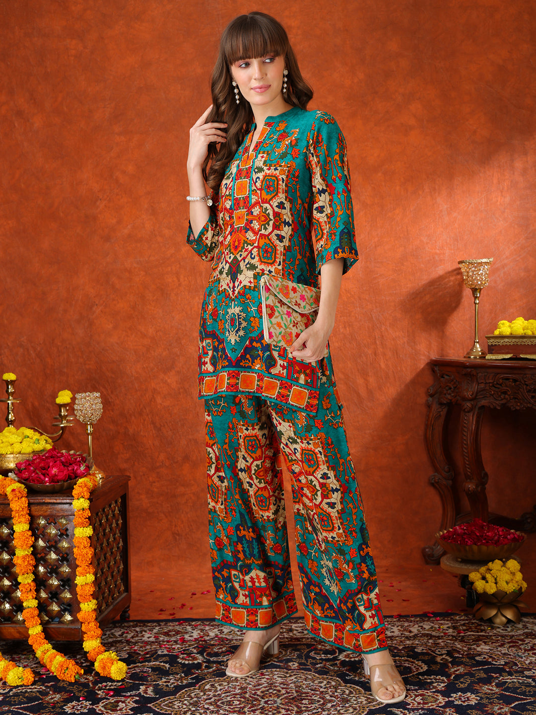 Ethnic Printed Co-Ord Set, Teal - Hiral Fashion - Distacart