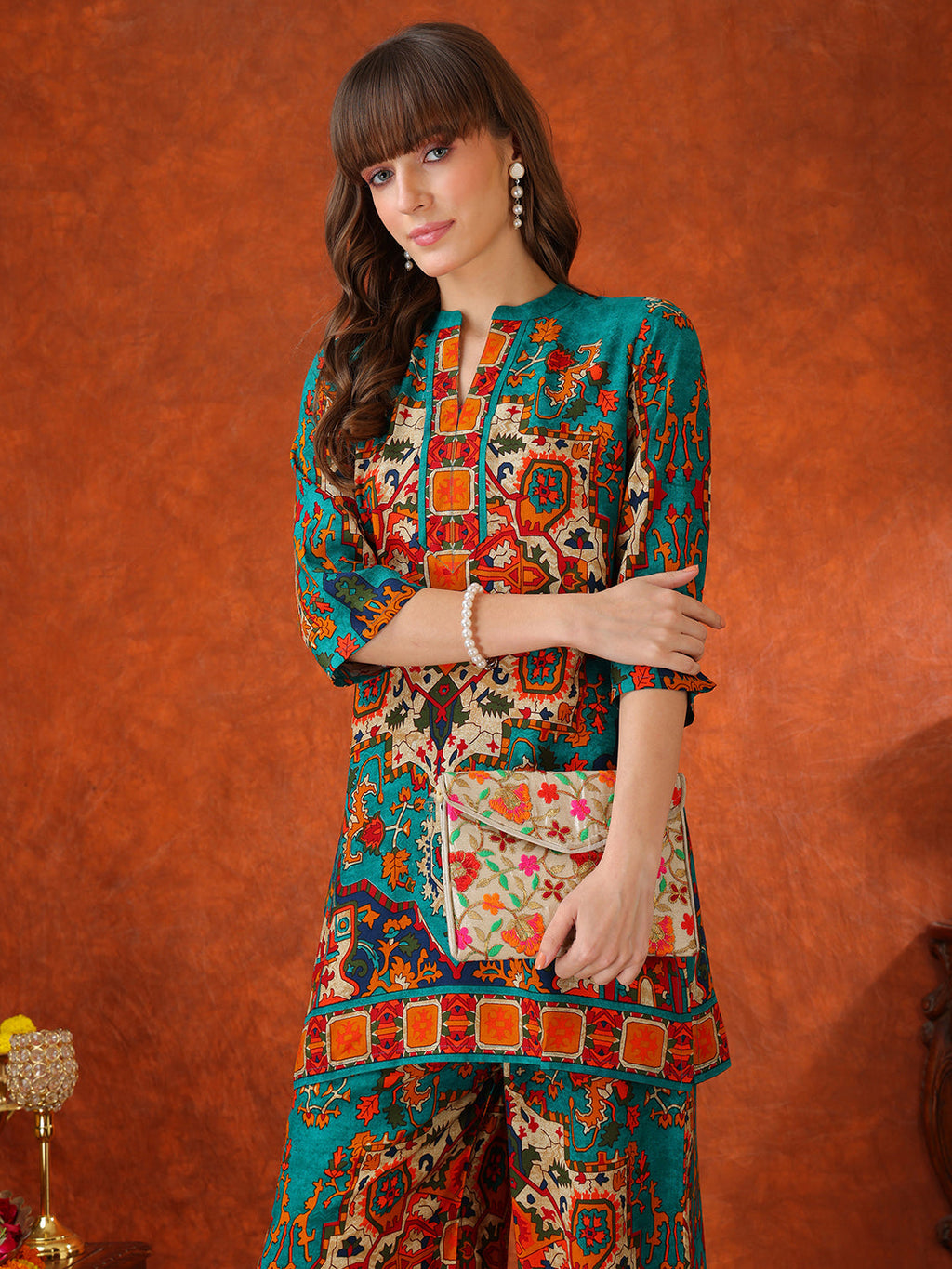 Ethnic Printed Co-Ord Set, Teal - Hiral Fashion - Distacart