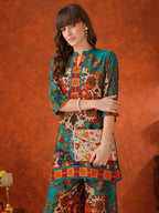 Ethnic Printed Co-Ord Set, Teal - Hiral Fashion - Distacart