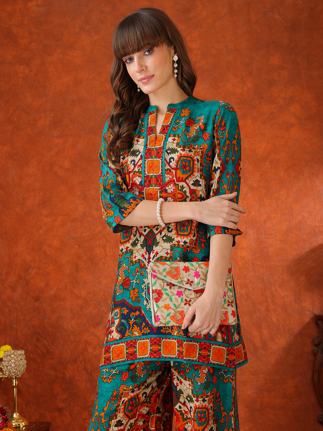 Ethnic Printed Co-Ord Set, Teal - Hiral Fashion - Distacart