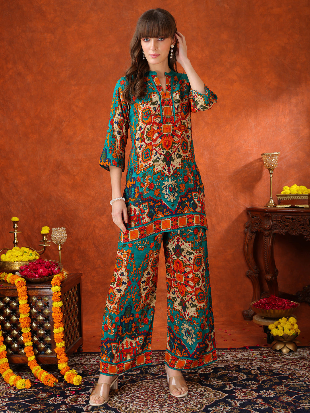 Ethnic Printed Co-Ord Set, Teal - Hiral Fashion - Distacart