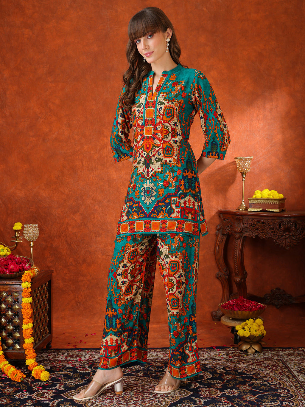 Ethnic Printed Co-Ord Set, Teal - Hiral Fashion - Distacart