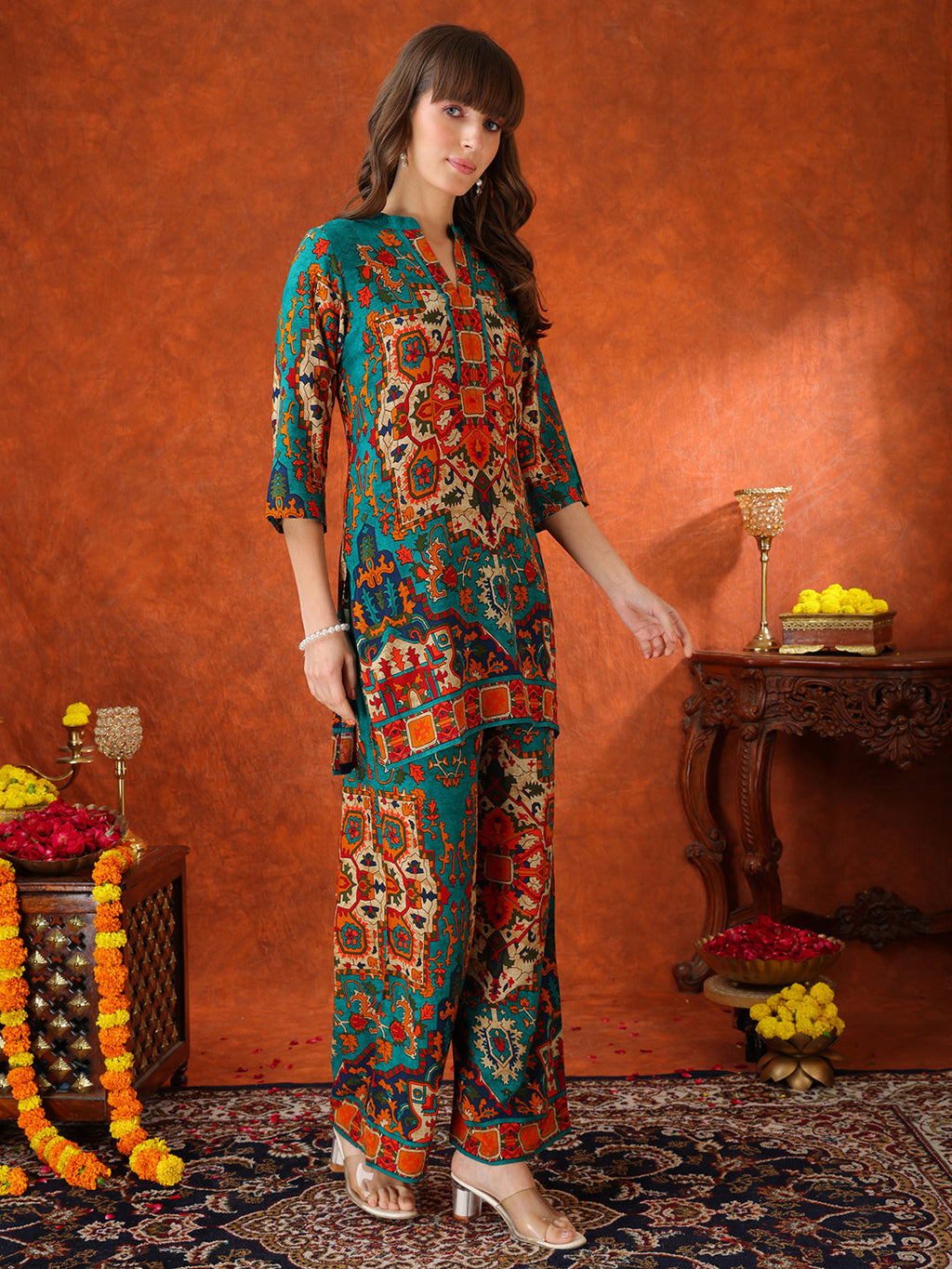 Ethnic Printed Co-Ord Set, Teal - Hiral Fashion - Distacart