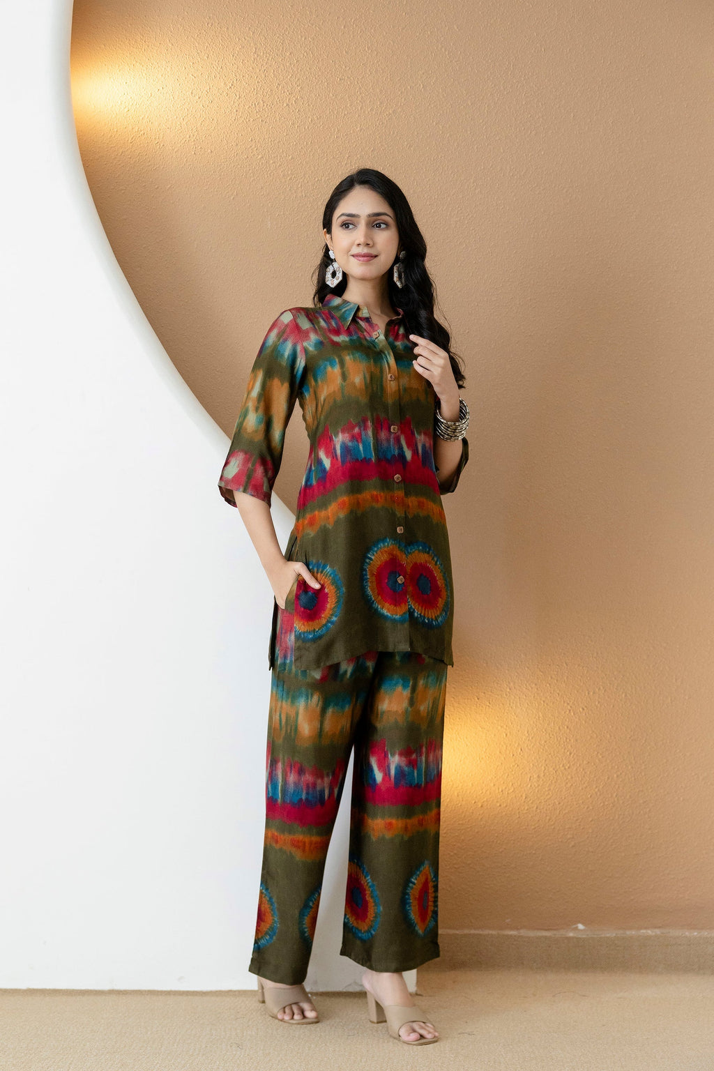 Vibrant Ethnic Co-Ord Set, Olive - Hiral Fashion - Distacart
