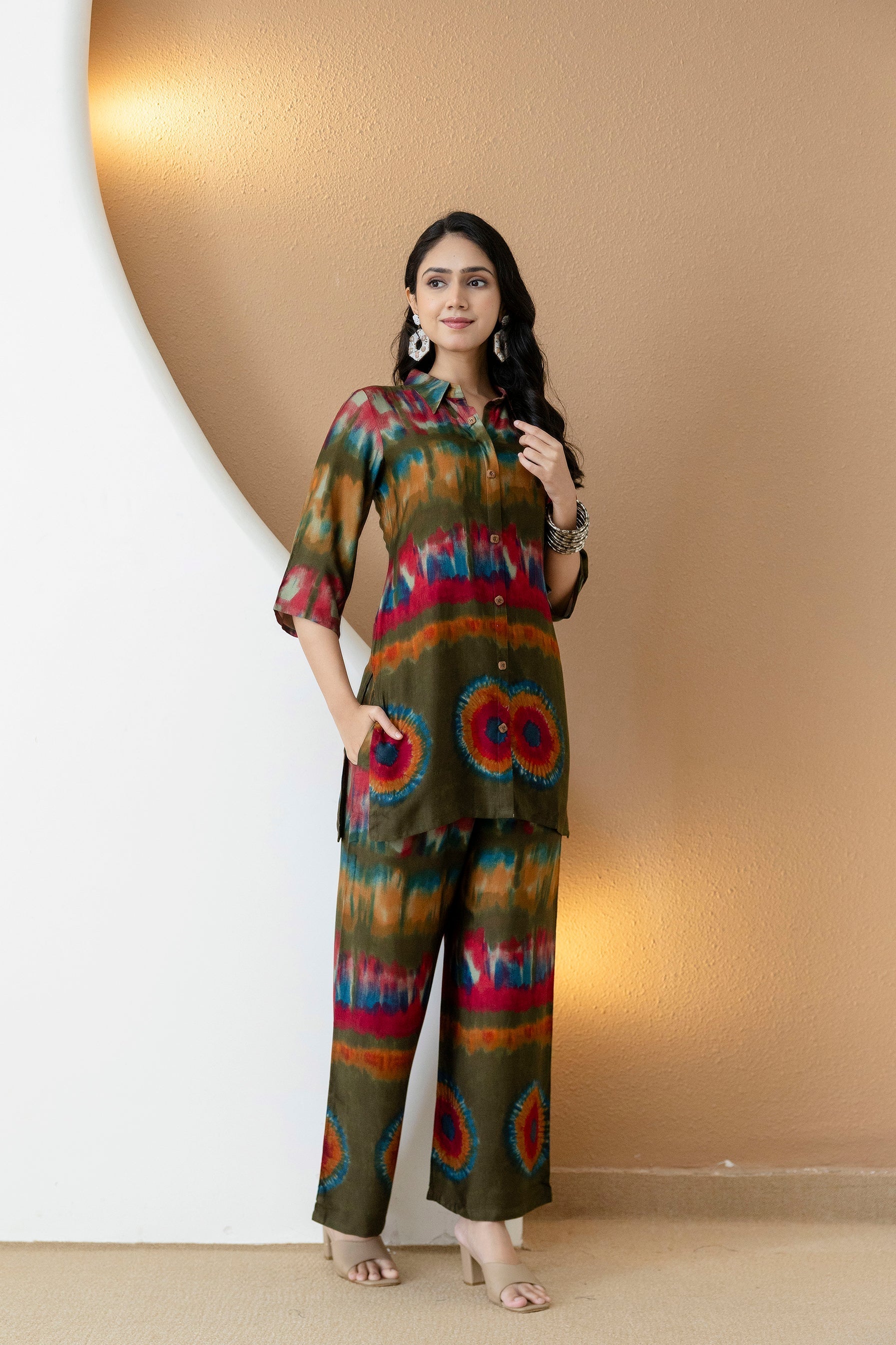 Vibrant Ethnic Co-Ord Set, Olive - Hiral Fashion - Distacart