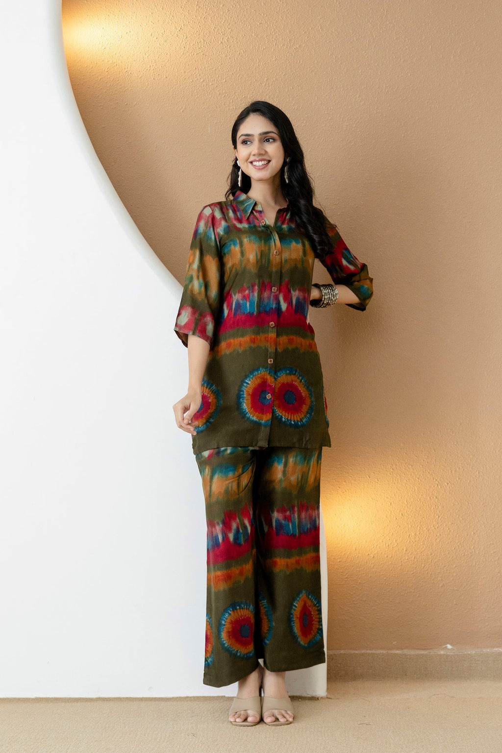Vibrant Ethnic Co-Ord Set, Olive - Hiral Fashion - Distacart