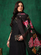 Embroidered Chikankari Kurta With Pant & Printed Dupatta, Black - Hiral Fashion - Distacart