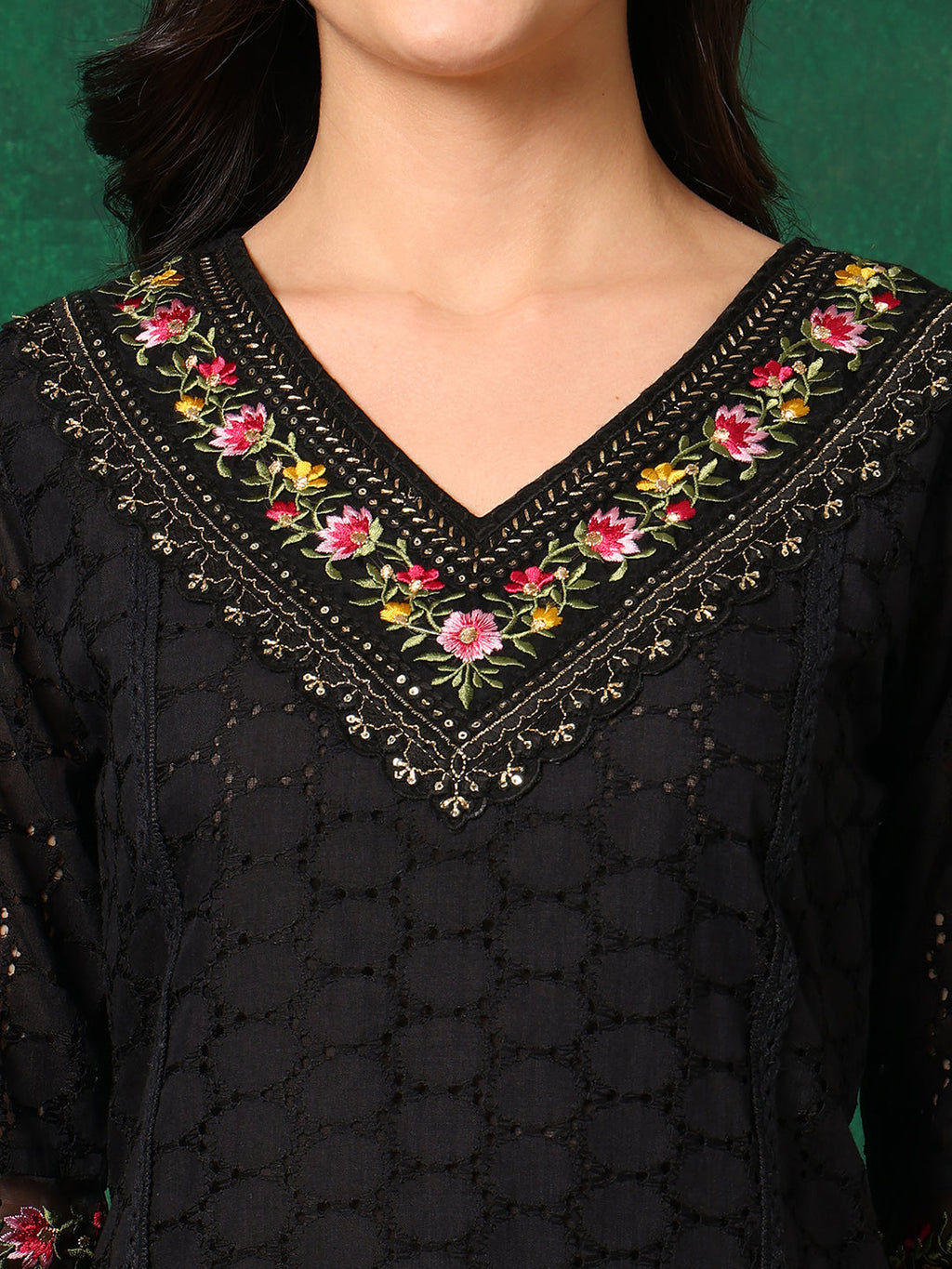Embroidered Chikankari Kurta With Pant & Printed Dupatta, Black - Hiral Fashion - Distacart