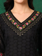 Embroidered Chikankari Kurta With Pant & Printed Dupatta, Black - Hiral Fashion - Distacart