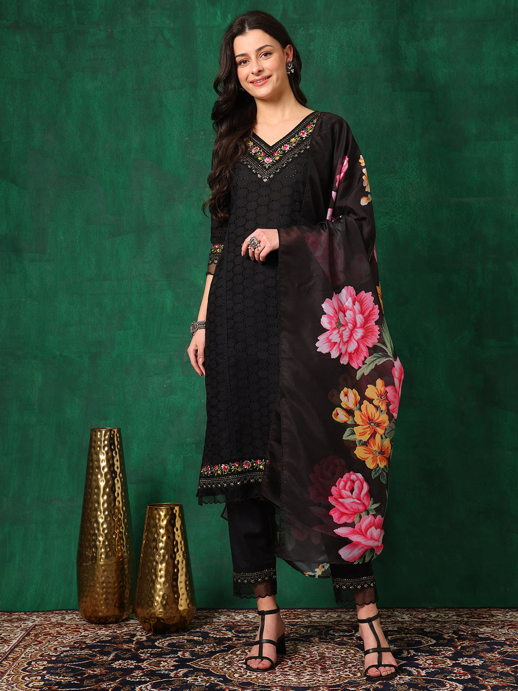 Embroidered Chikankari Kurta With Pant & Printed Dupatta, Black - Hiral Fashion - Distacart