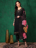 Embroidered Chikankari Kurta With Pant & Printed Dupatta, Black - Hiral Fashion - Distacart