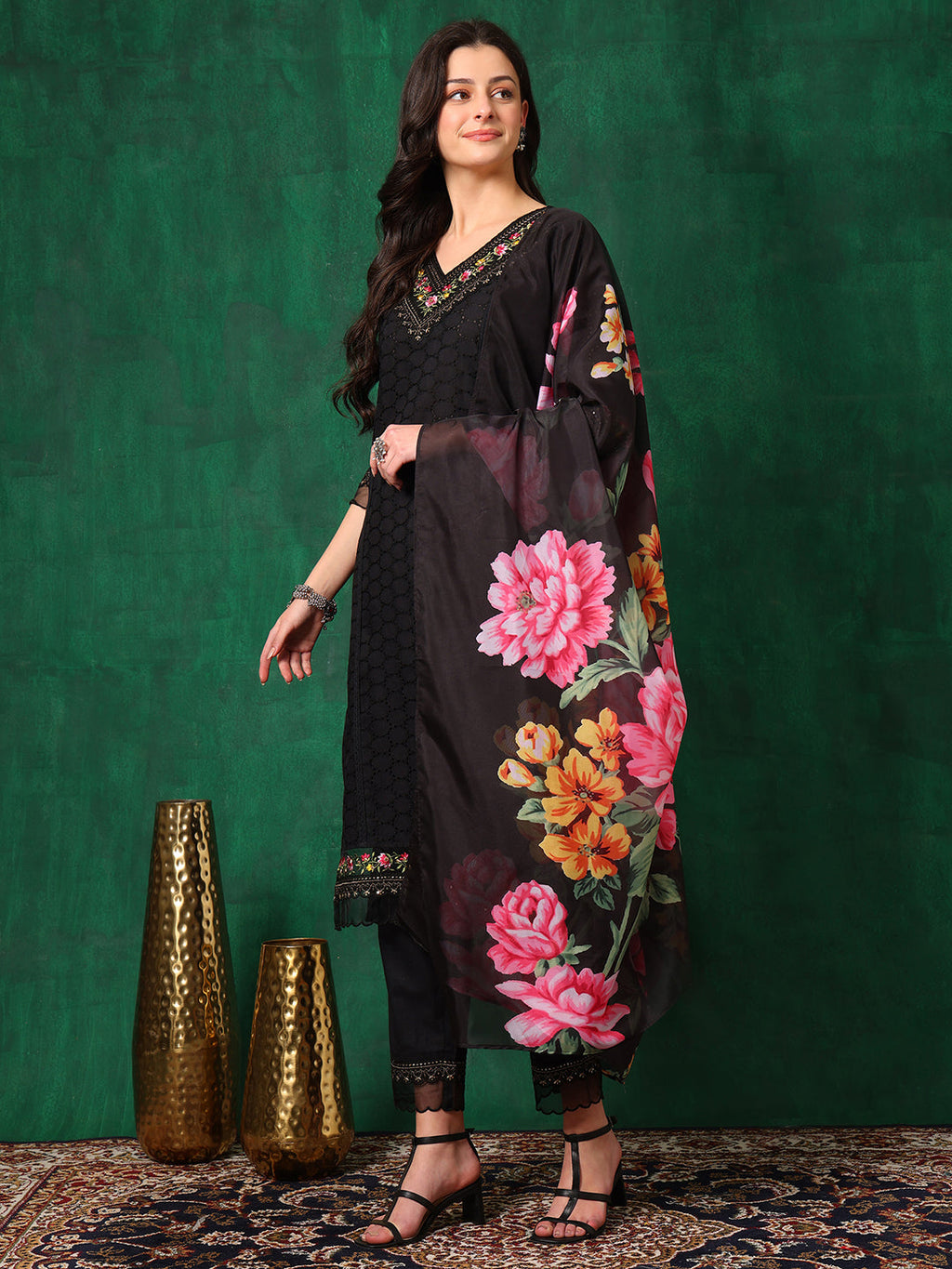 Embroidered Chikankari Kurta With Pant & Printed Dupatta, Black - Hiral Fashion - Distacart