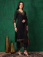 Embroidered Chikankari Kurta With Pant & Printed Dupatta, Black - Hiral Fashion - Distacart