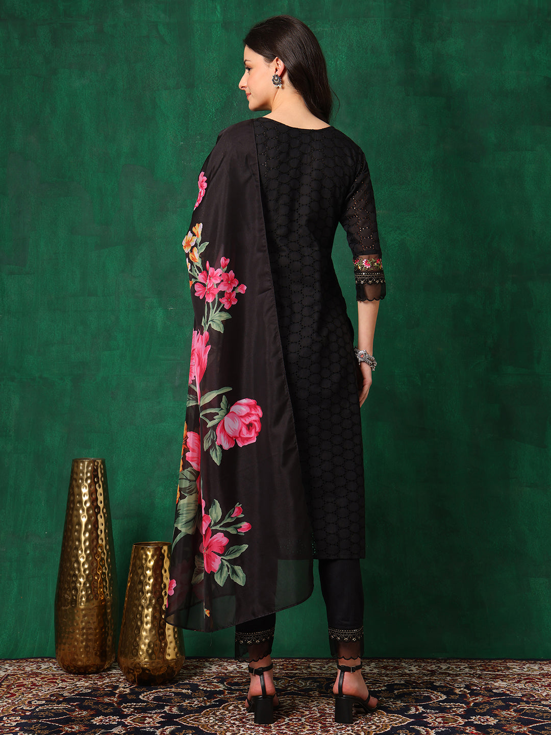Embroidered Chikankari Kurta With Pant & Printed Dupatta, Black - Hiral Fashion - Distacart