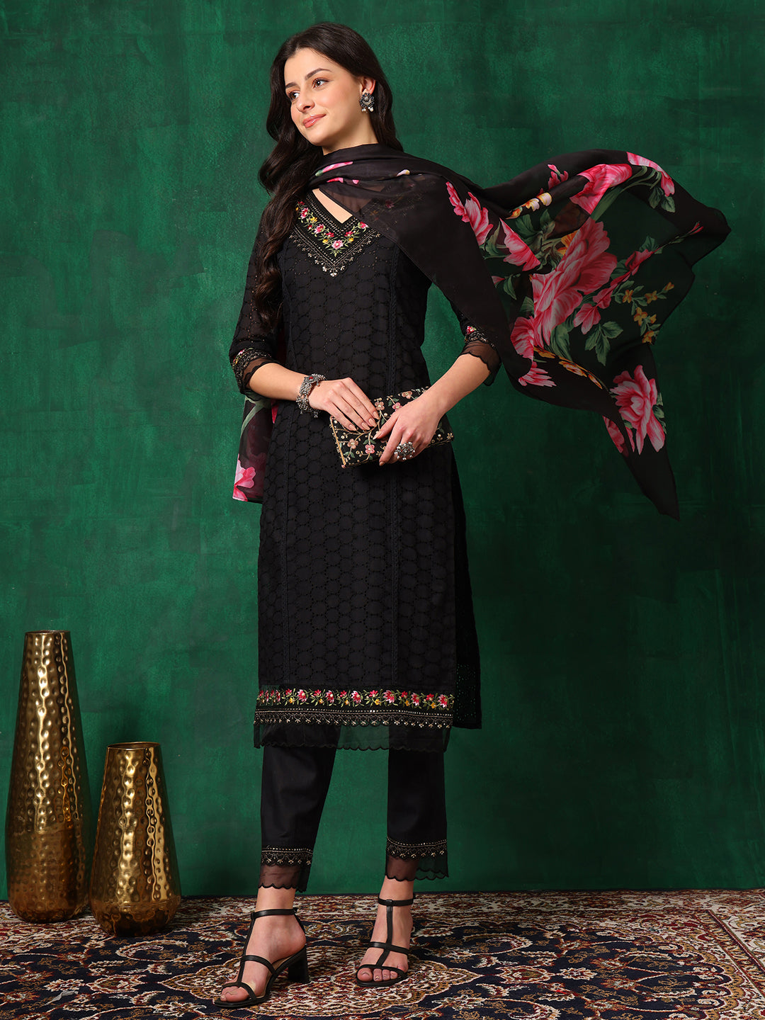 Embroidered Chikankari Kurta With Pant & Printed Dupatta, Black - Hiral Fashion - Distacart
