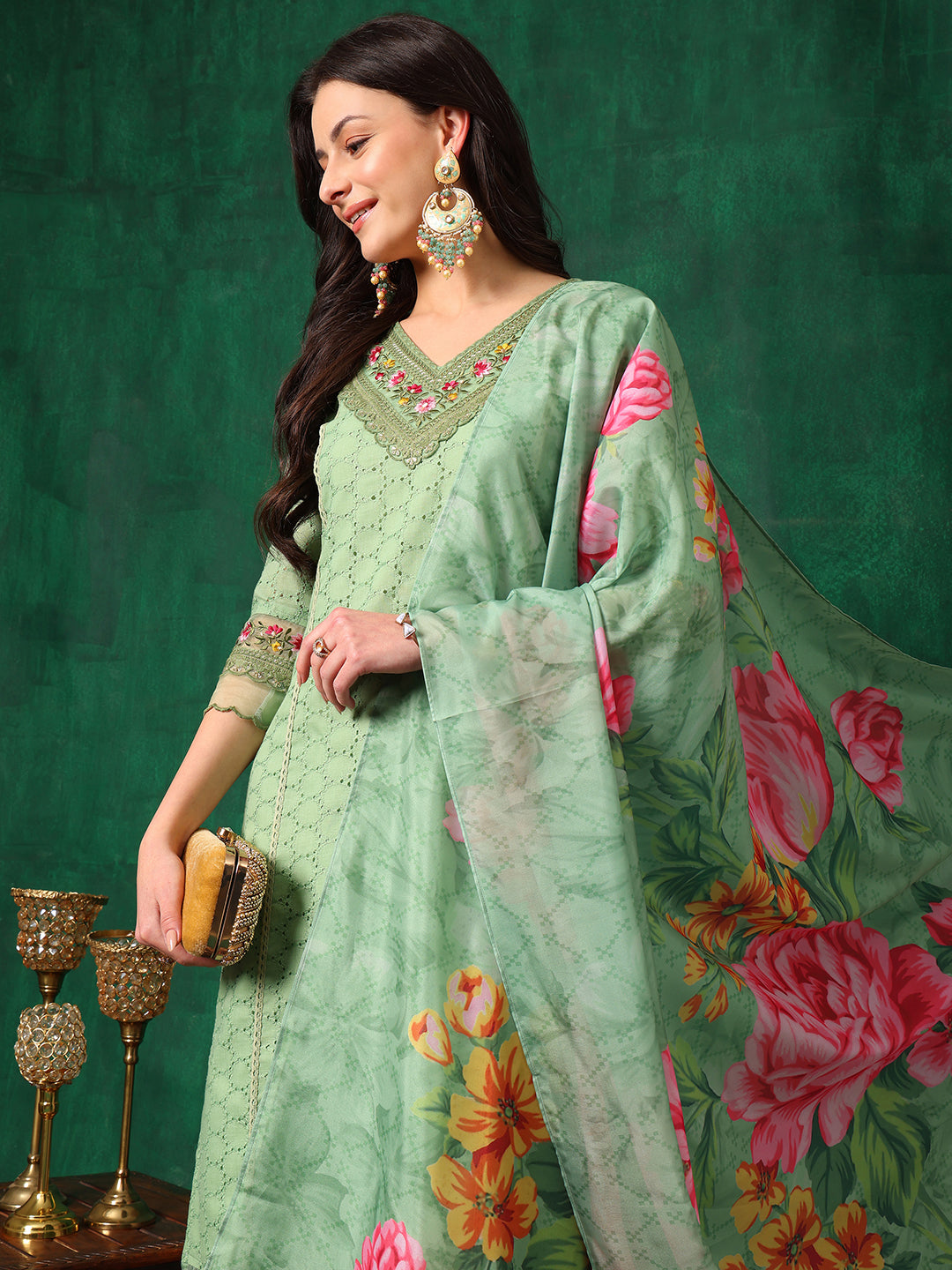 Embroidered Chikankari Kurta With Pant & Printed Dupatta, Green - Hiral Fashion - Distacart