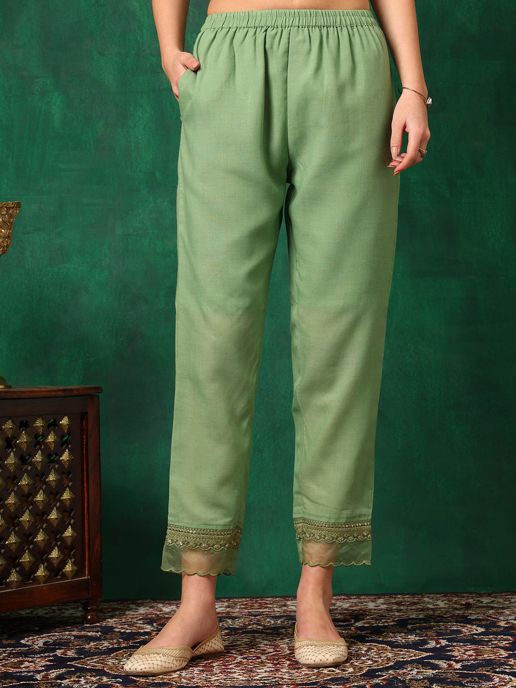 Embroidered Chikankari Kurta With Pant & Printed Dupatta, Green - Hiral Fashion - Distacart