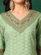 Embroidered Chikankari Kurta With Pant & Printed Dupatta, Green - Hiral Fashion - Distacart