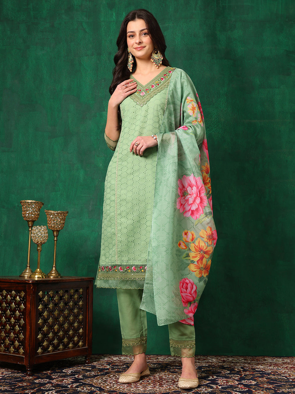 Embroidered Chikankari Kurta With Pant & Printed Dupatta, Green - Hiral Fashion - Distacart