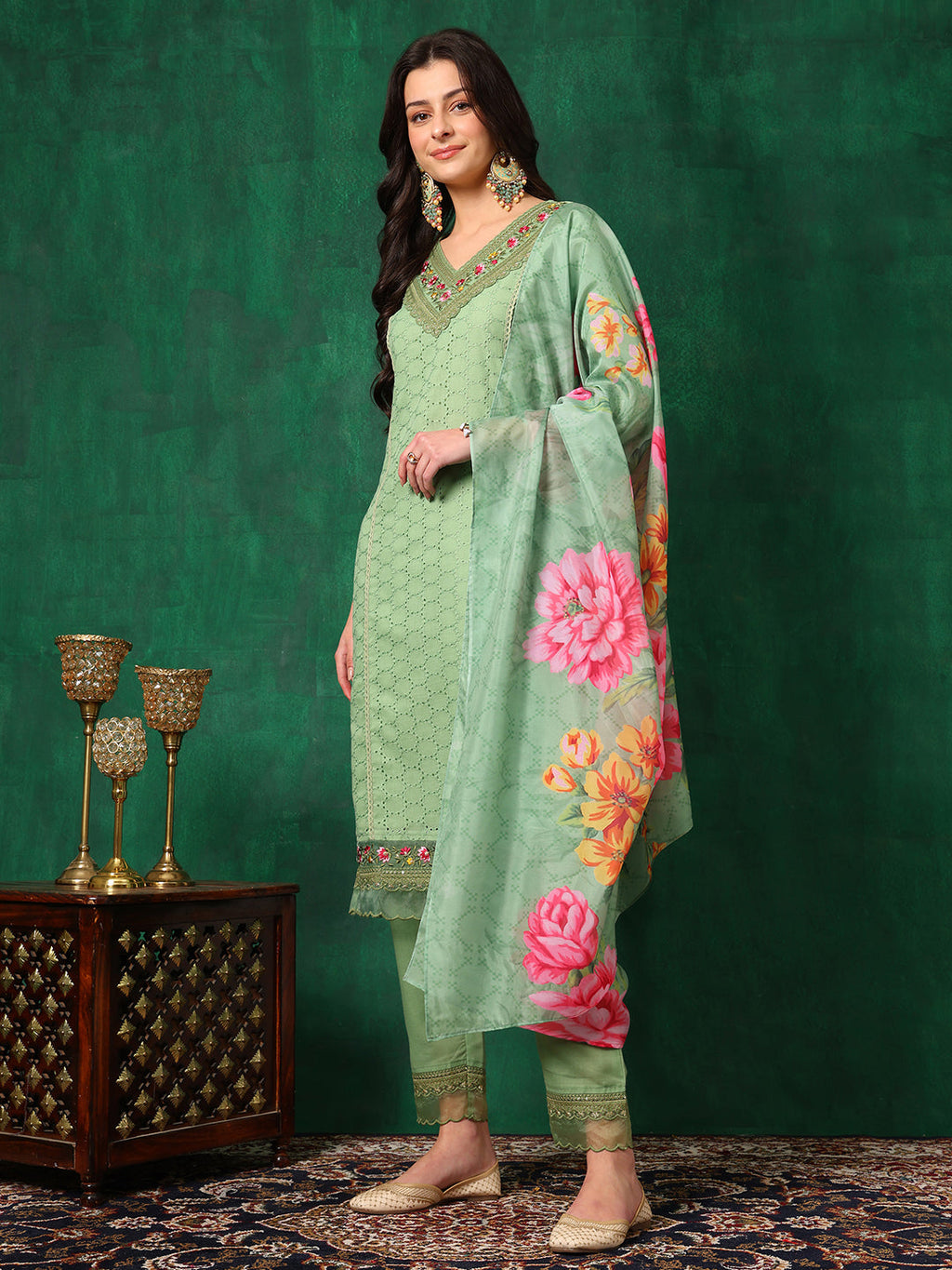 Embroidered Chikankari Kurta With Pant & Printed Dupatta, Green - Hiral Fashion - Distacart