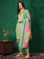 Embroidered Chikankari Kurta With Pant & Printed Dupatta, Green - Hiral Fashion - Distacart