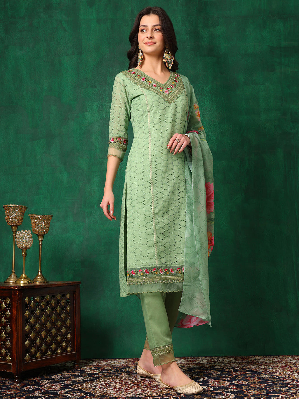 Embroidered Chikankari Kurta With Pant & Printed Dupatta, Green - Hiral Fashion - Distacart