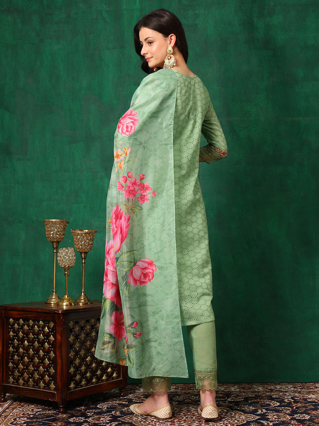 Embroidered Chikankari Kurta With Pant & Printed Dupatta, Green - Hiral Fashion - Distacart