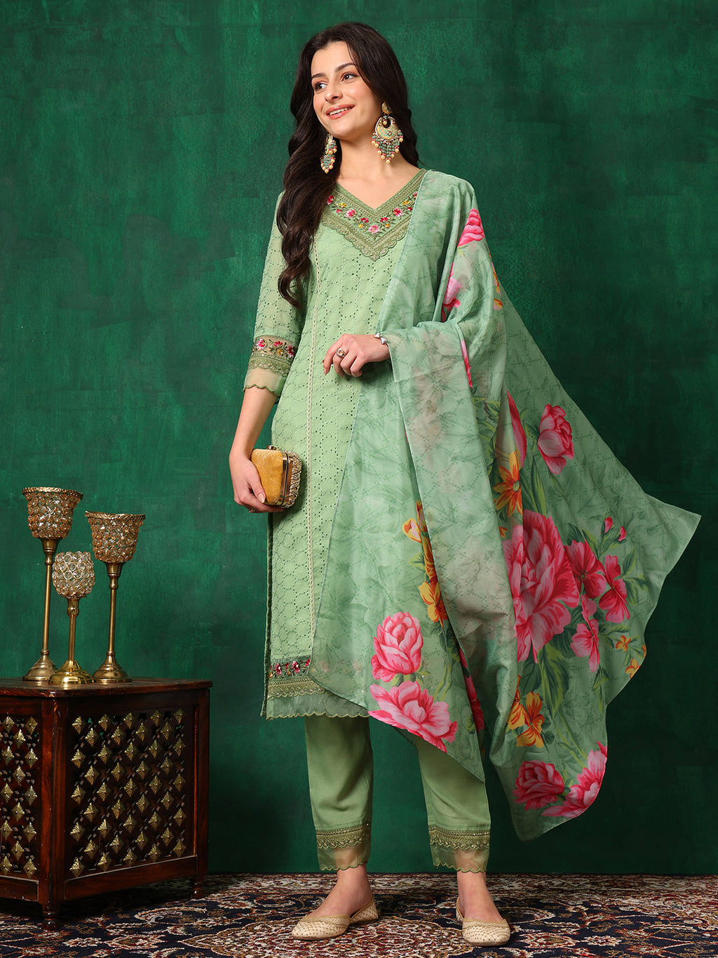 Embroidered Chikankari Kurta With Pant & Printed Dupatta, Green - Hiral Fashion - Distacart