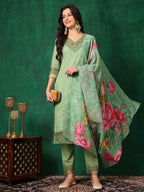 Embroidered Chikankari Kurta With Pant & Printed Dupatta, Green - Hiral Fashion - Distacart