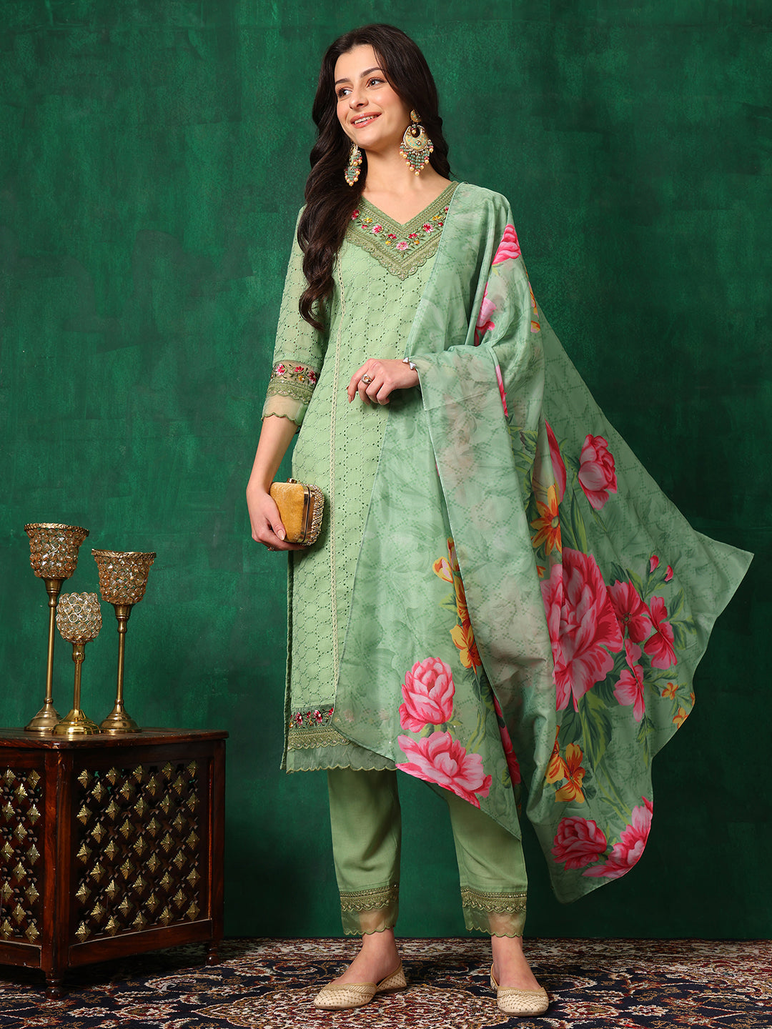 Embroidered Chikankari Kurta With Pant & Printed Dupatta, Green - Hiral Fashion - Distacart