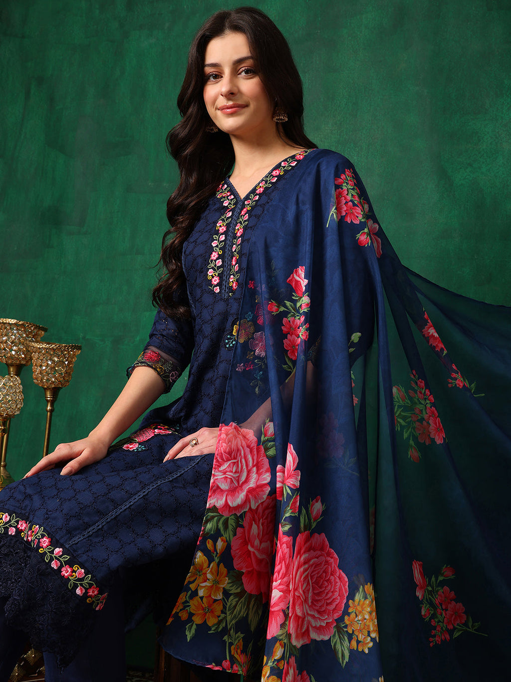 Applique Placement Embroidered Kurta With Pant & Dupatta, Navy Blue - Hiral Fashion - Distacart