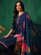 Applique Placement Embroidered Kurta With Pant & Dupatta, Navy Blue - Hiral Fashion - Distacart