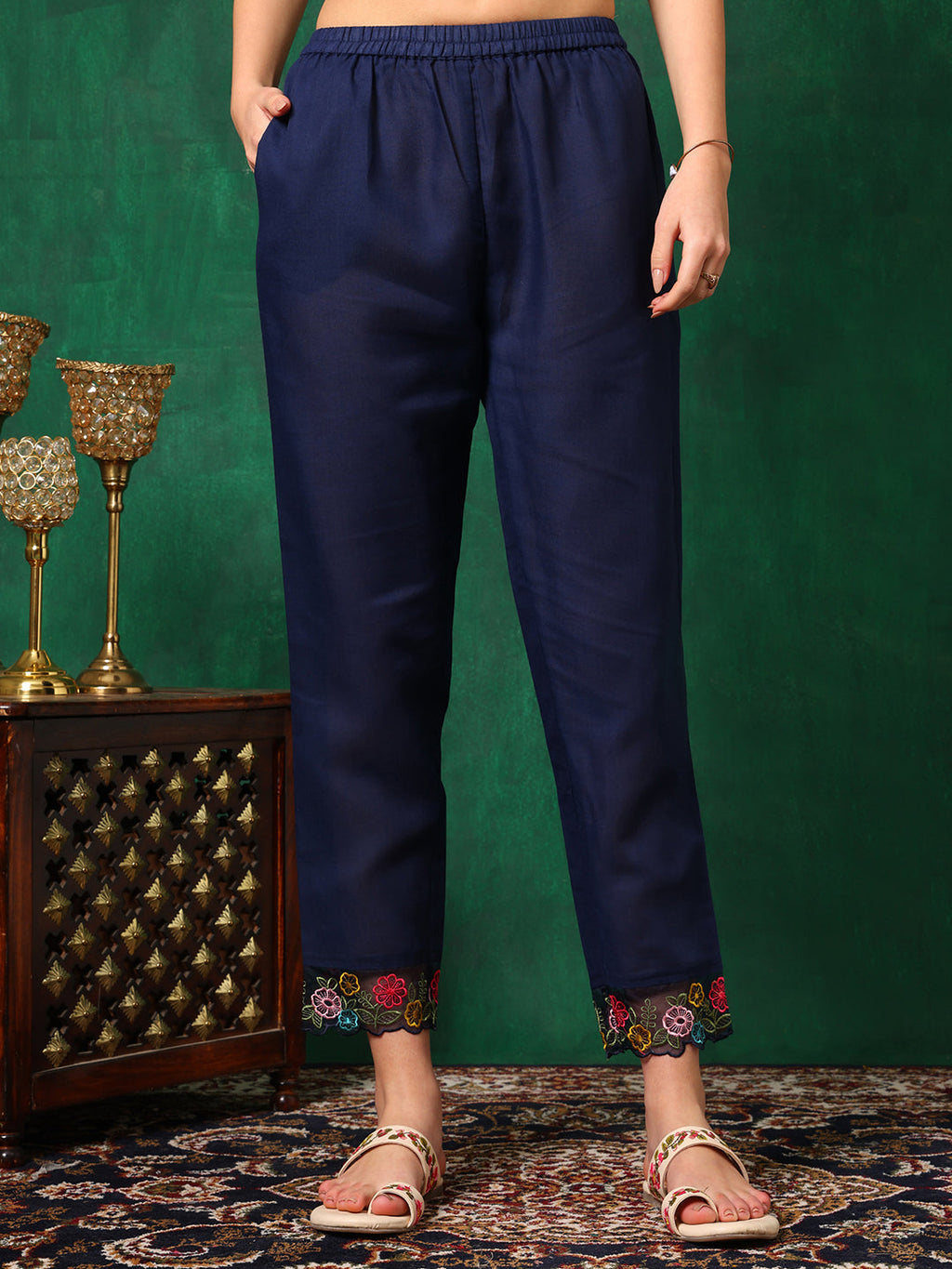 Applique Placement Embroidered Kurta With Pant & Dupatta, Navy Blue - Hiral Fashion - Distacart