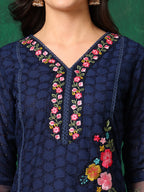 Applique Placement Embroidered Kurta With Pant & Dupatta, Navy Blue - Hiral Fashion - Distacart