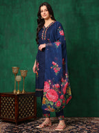 Applique Placement Embroidered Kurta With Pant & Dupatta, Navy Blue - Hiral Fashion - Distacart