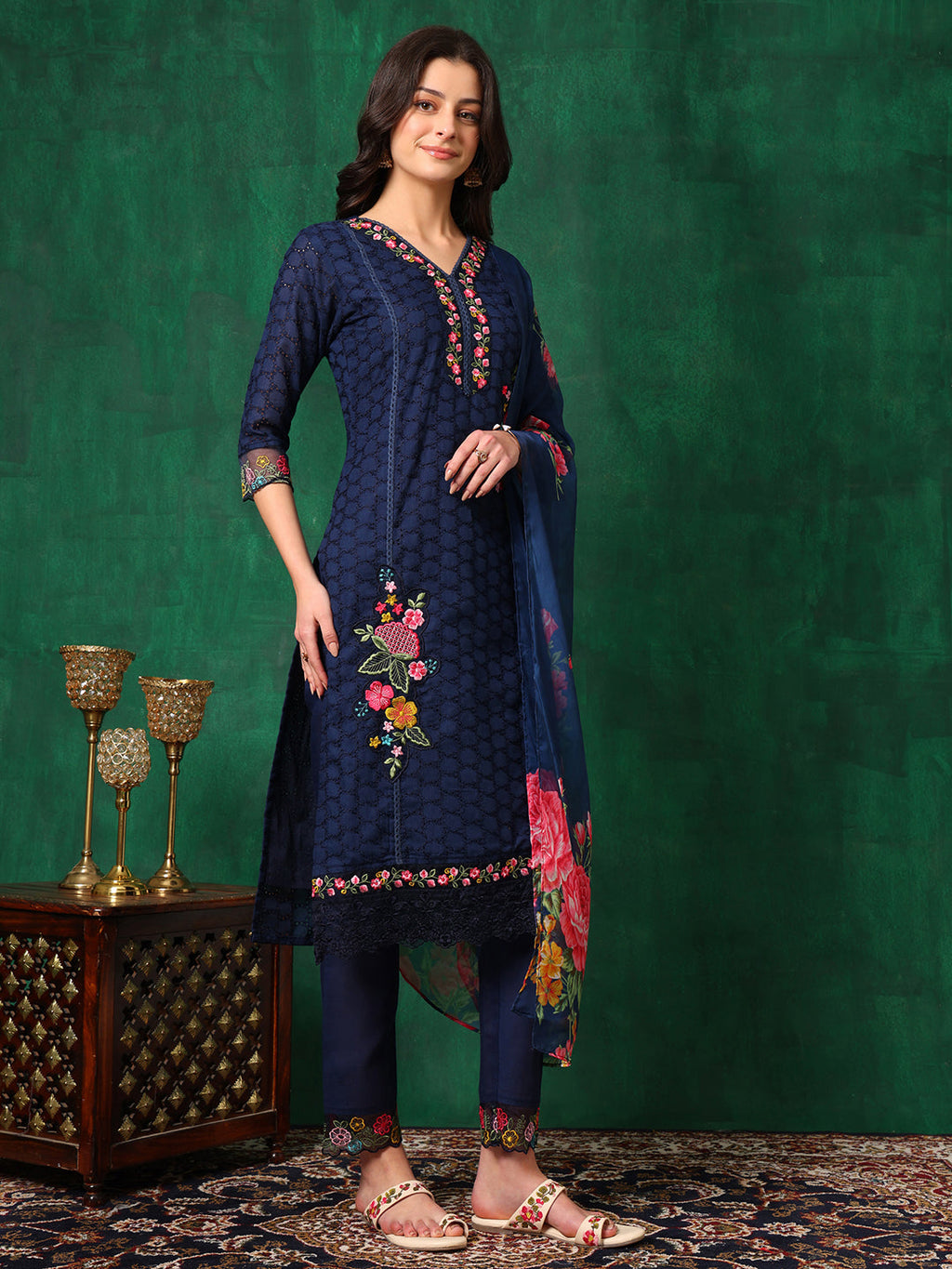 Applique Placement Embroidered Kurta With Pant & Dupatta, Navy Blue - Hiral Fashion - Distacart