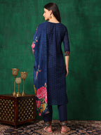 Applique Placement Embroidered Kurta With Pant & Dupatta, Navy Blue - Hiral Fashion - Distacart