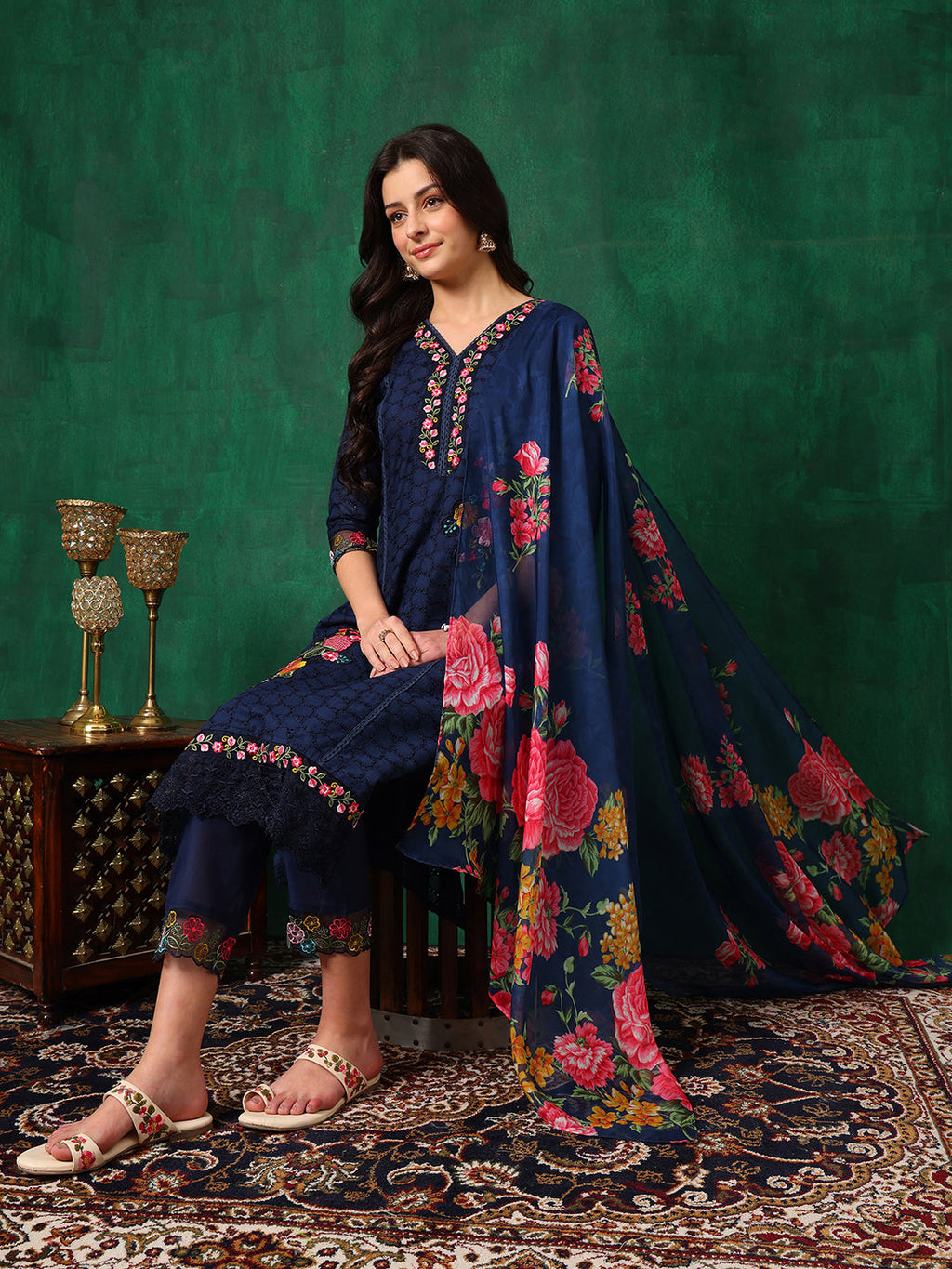Applique Placement Embroidered Kurta With Pant & Dupatta, Navy Blue - Hiral Fashion - Distacart
