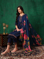 Applique Placement Embroidered Kurta With Pant & Dupatta, Navy Blue - Hiral Fashion - Distacart