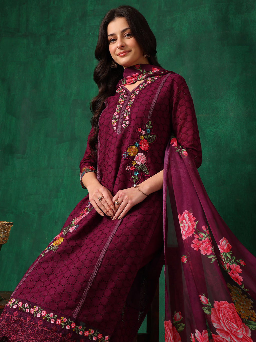 Applique Placement Embroidered Kurta With Pant & Dupatta, Wine - Hiral Fashion - Distacart