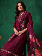 Applique Placement Embroidered Kurta With Pant & Dupatta, Wine - Hiral Fashion - Distacart