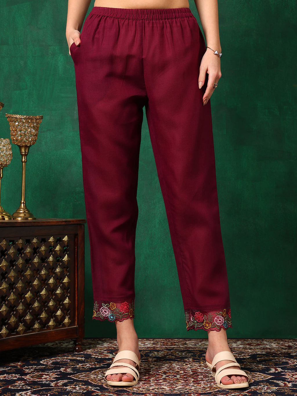 Applique Placement Embroidered Kurta With Pant & Dupatta, Wine - Hiral Fashion - Distacart