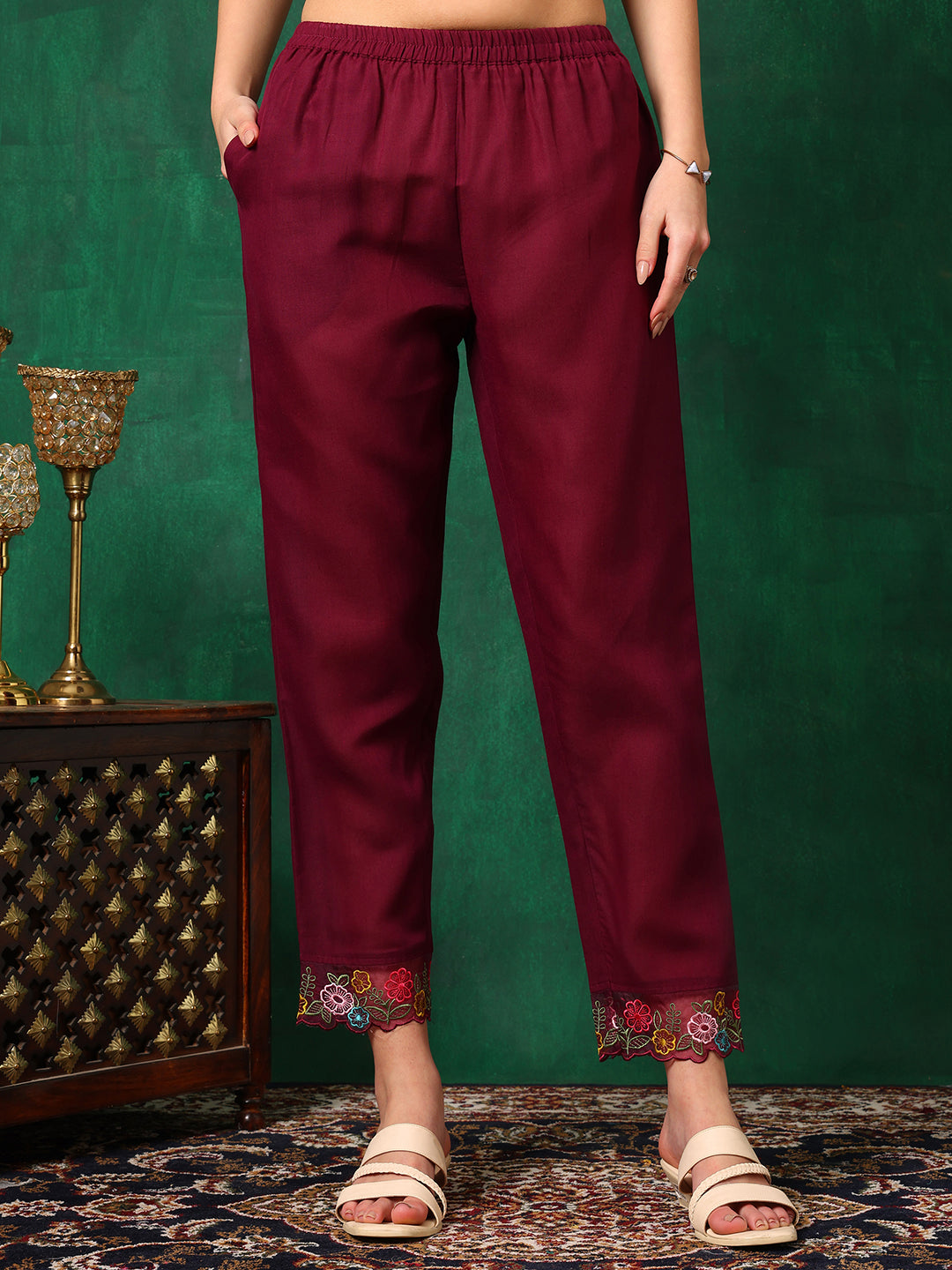 Applique Placement Embroidered Kurta With Pant & Dupatta, Wine - Hiral Fashion - Distacart