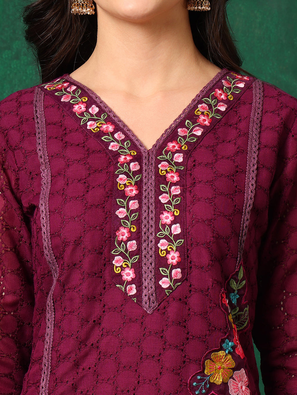 Applique Placement Embroidered Kurta With Pant & Dupatta, Wine - Hiral Fashion - Distacart