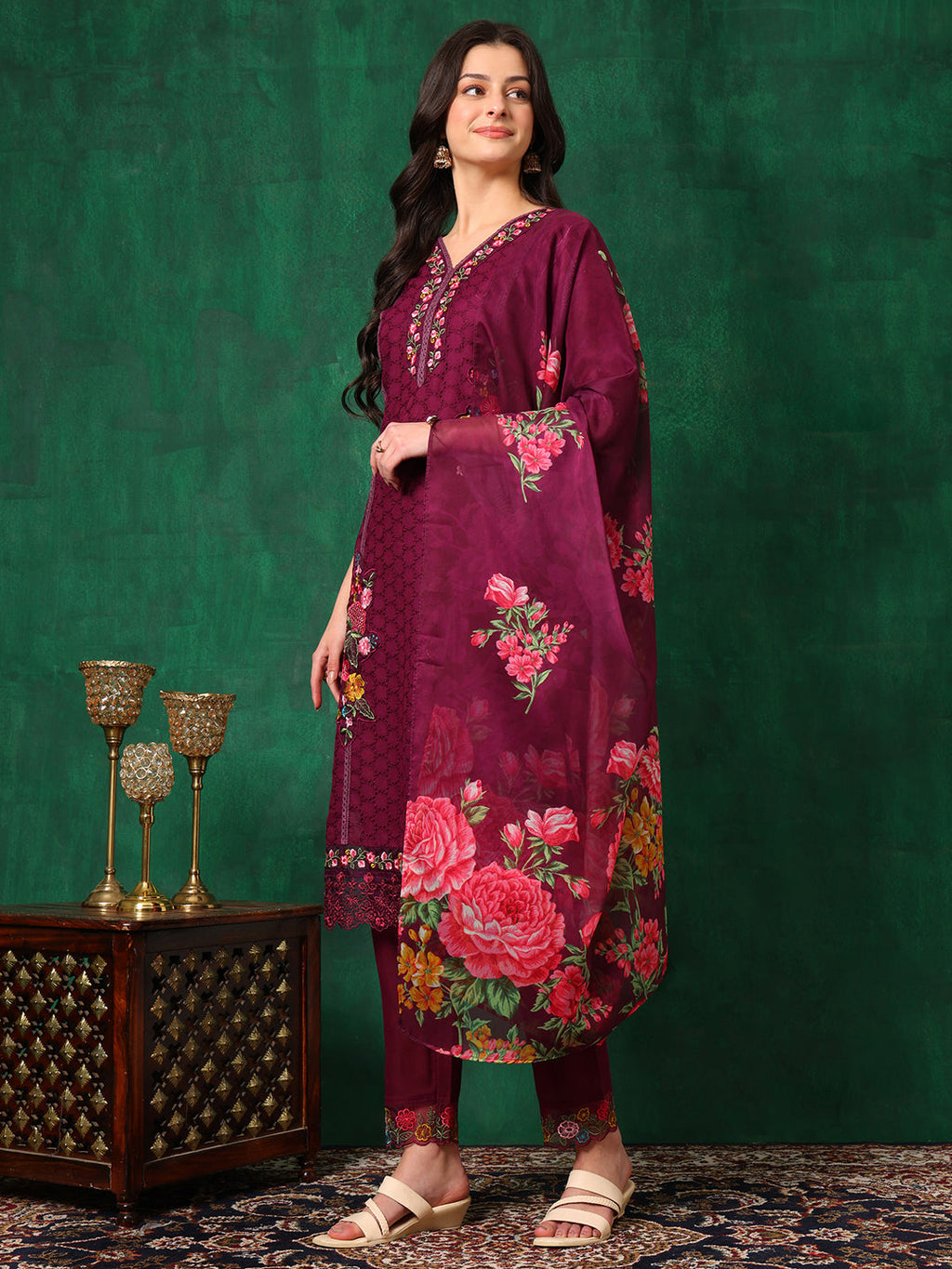 Applique Placement Embroidered Kurta With Pant & Dupatta, Wine - Hiral Fashion - Distacart
