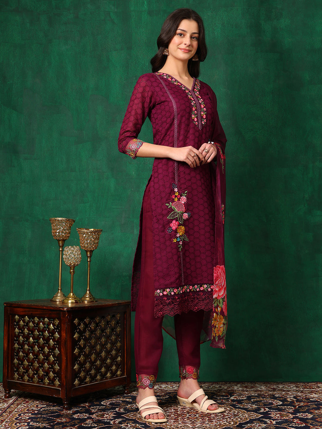 Applique Placement Embroidered Kurta With Pant & Dupatta, Wine - Hiral Fashion - Distacart